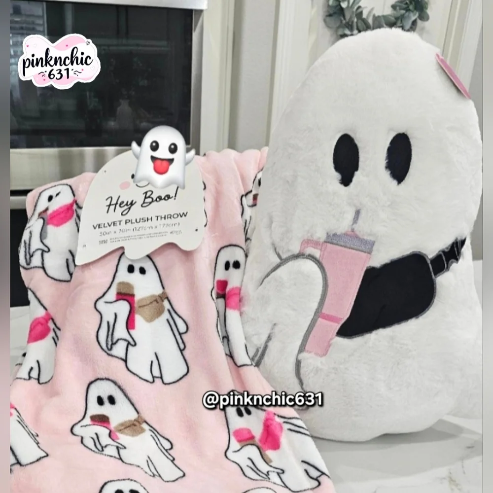 Viral Hey Boo Pink Plush Ghost Blanket And Pillow Stanley Tumbler And Crossbody